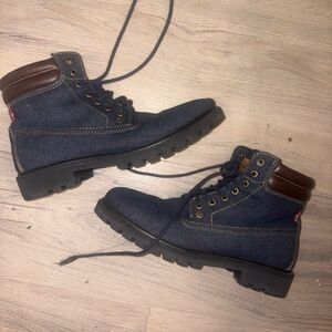 Levi Denim Lace-Up Work Boots with Brown Collar